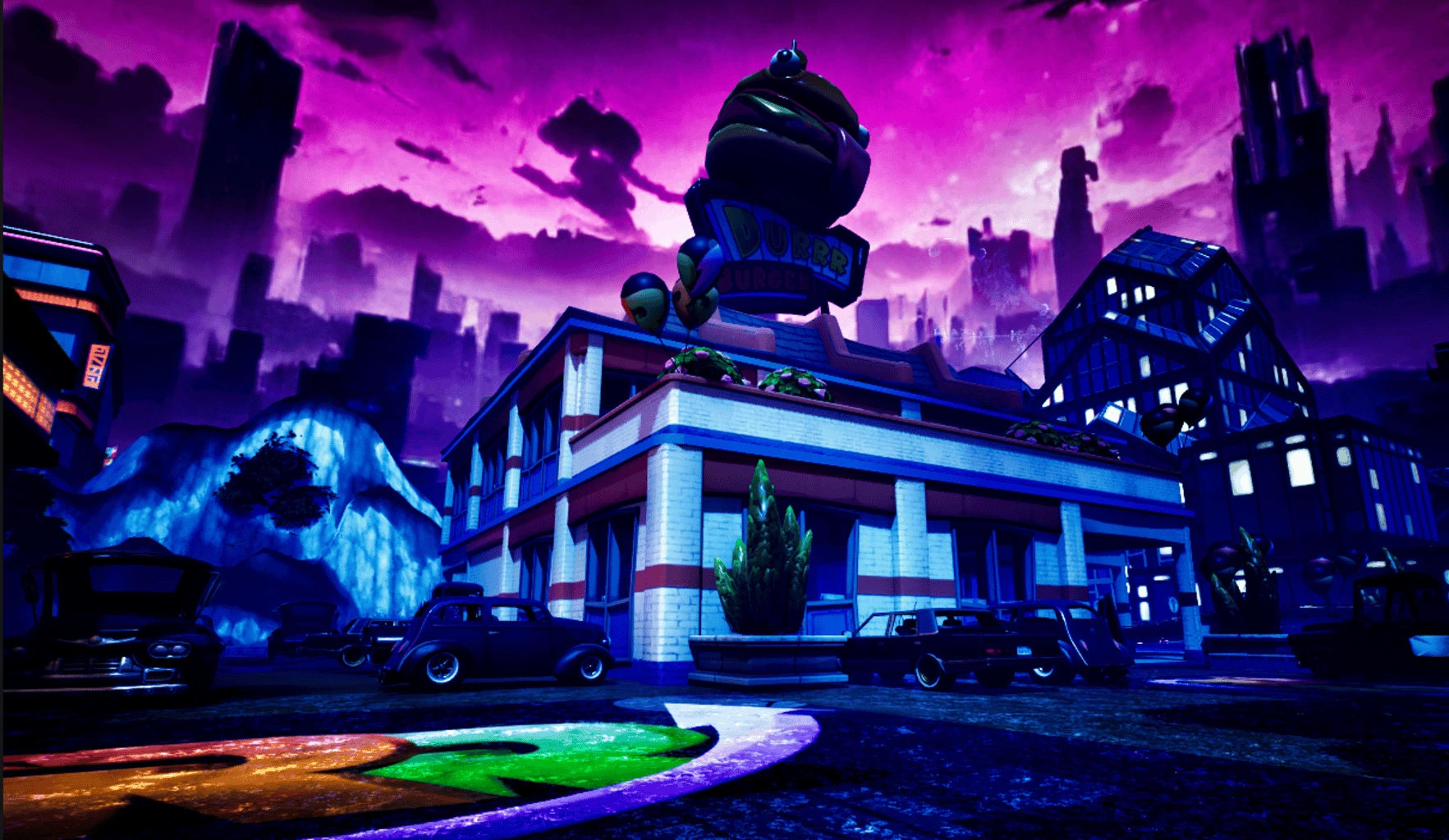 A Full Send Racing track running past Durrr Burger under a purple night sky