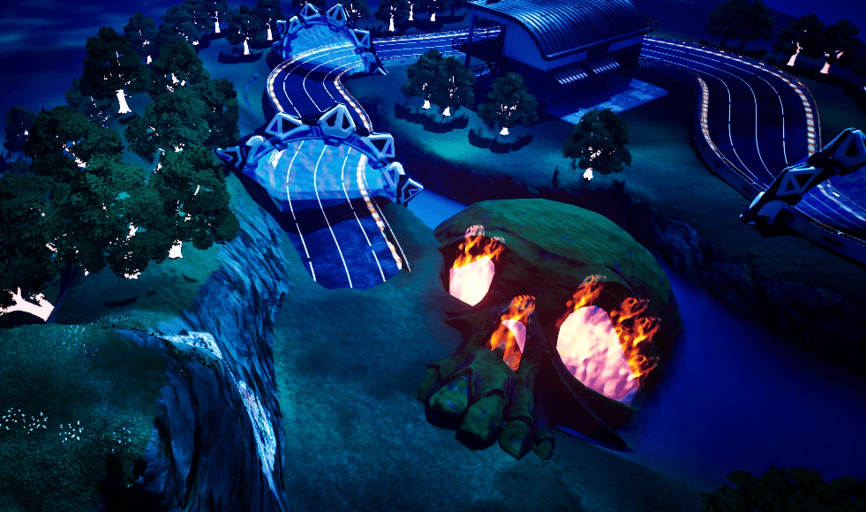A Full Send Racing track at night, winding past a giant skull with burning eyes