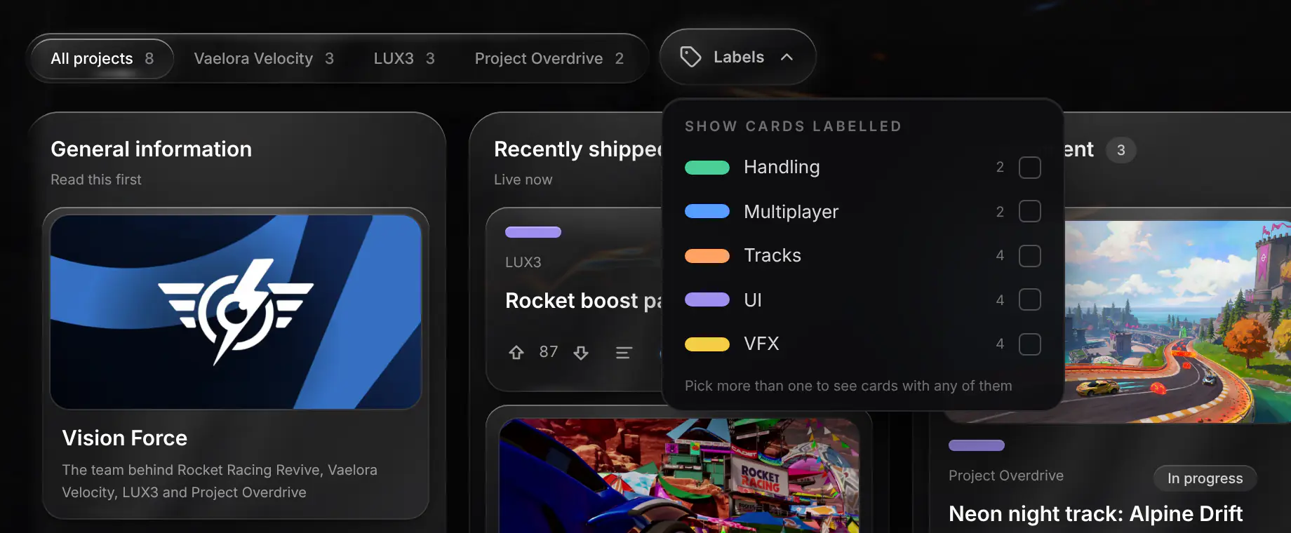 The Labels filter open over the board, listing each label with its colour and how many cards carry it