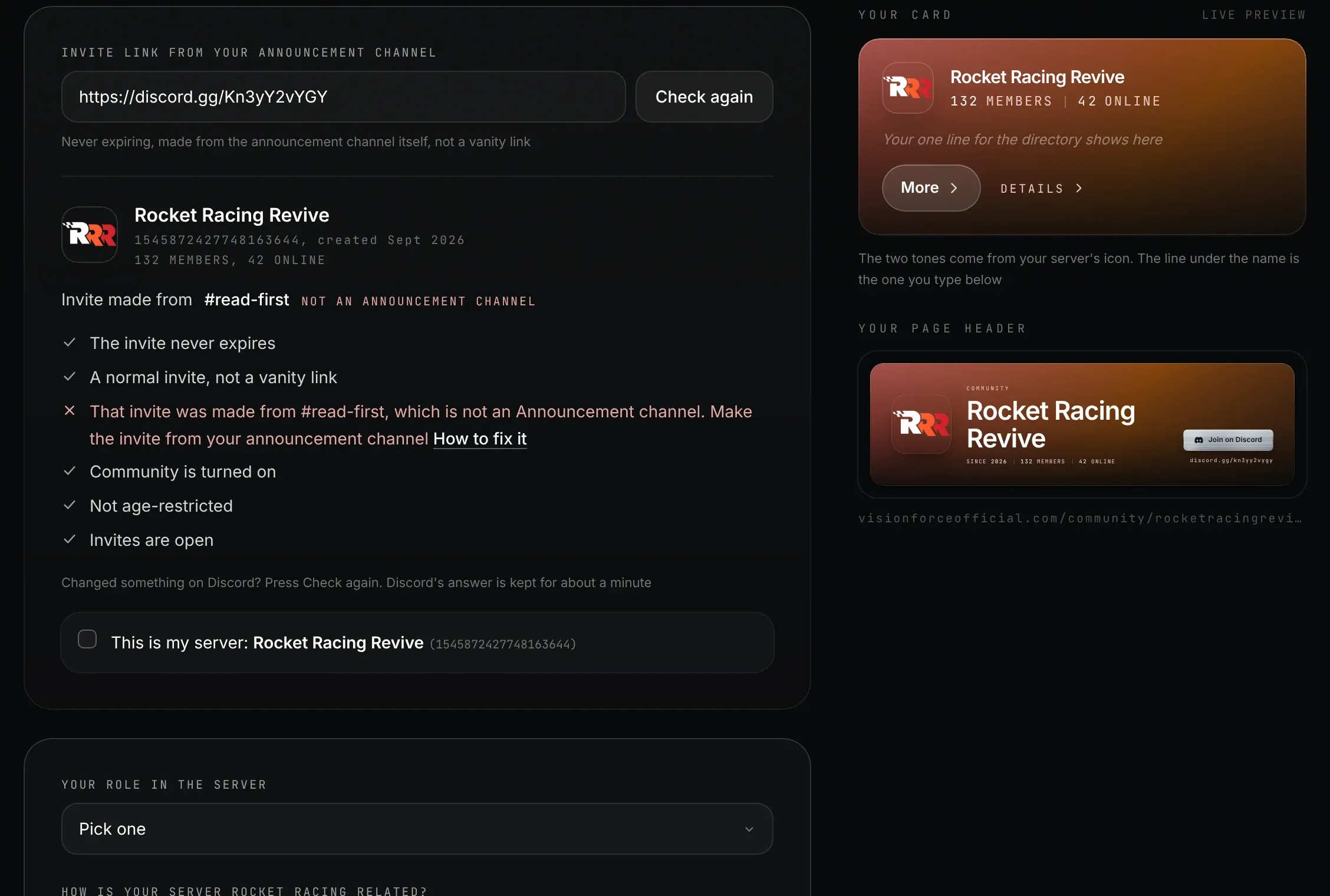 The application form checking a Rocket Racing Revive invite, with a passed or failed line for every check and the live Your card preview next to it