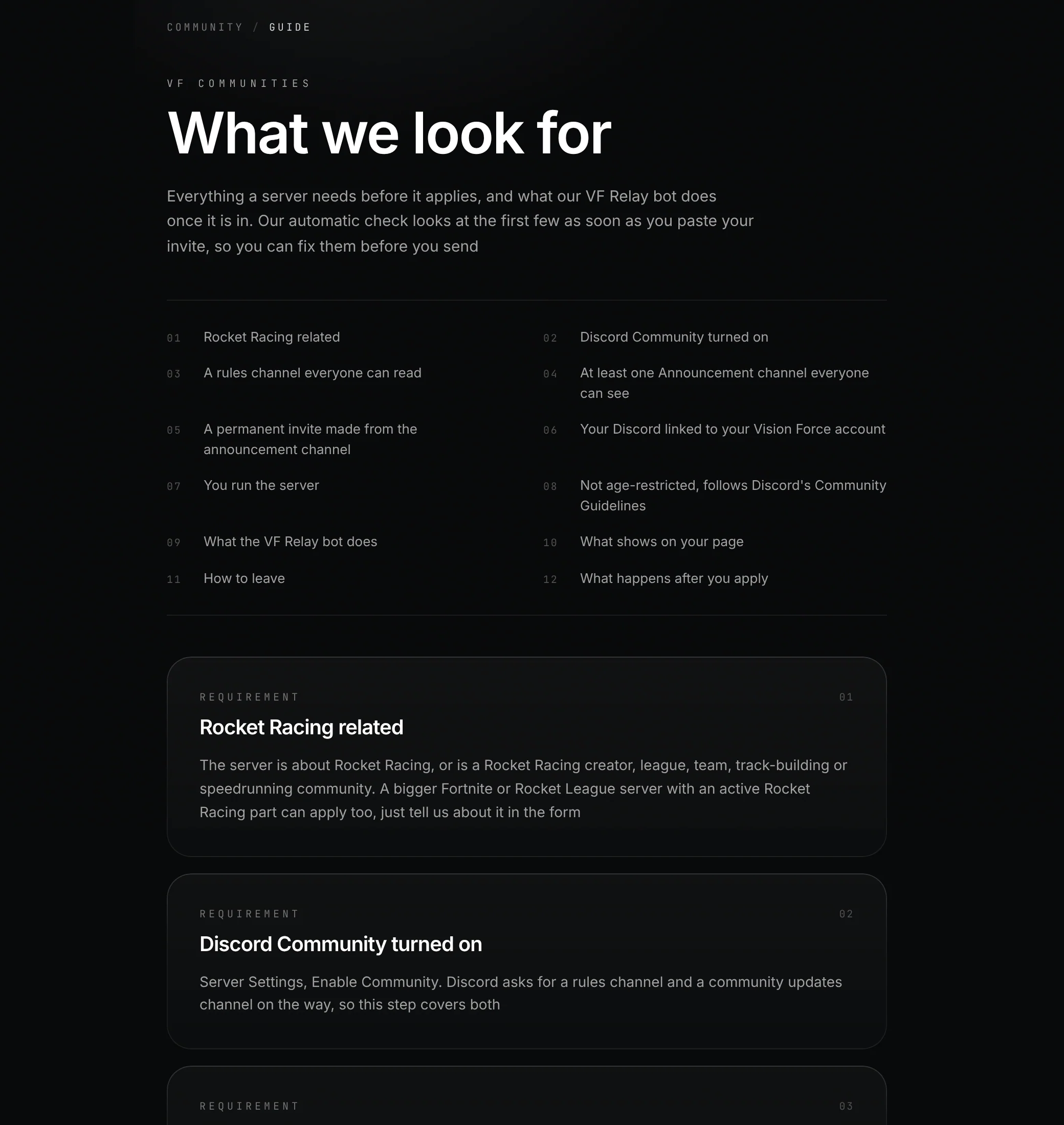 The VF Communities guide, What we look for, with its numbered list of requirements