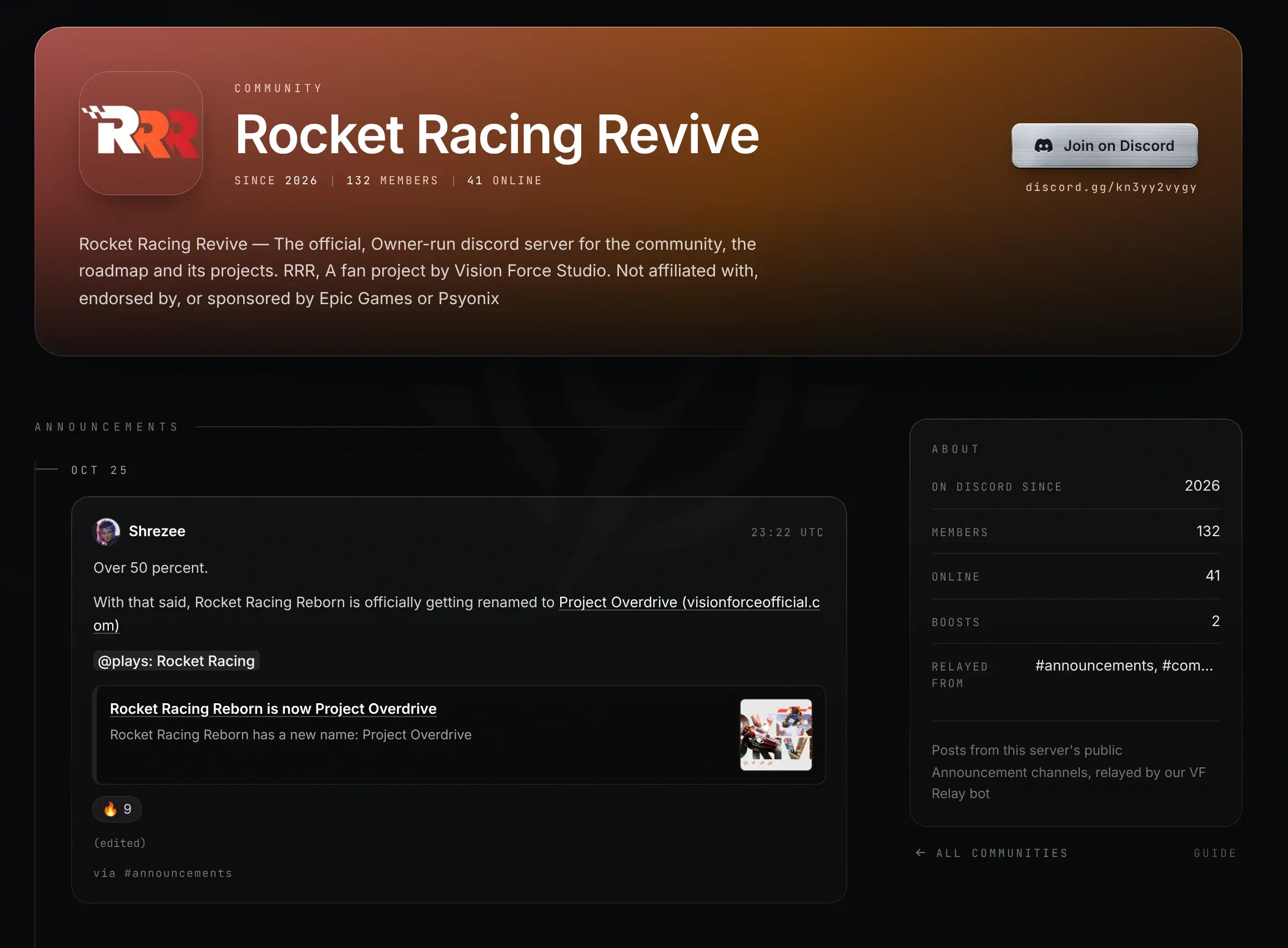 The Rocket Racing Revive page: a two-tone header with the Join on Discord button, a relayed announcement with an embed and a reaction, and the About panel