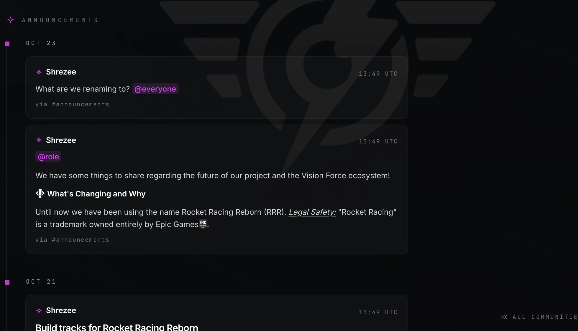 Relayed announcements with Discord formatting on a community page, with the Join on Discord card