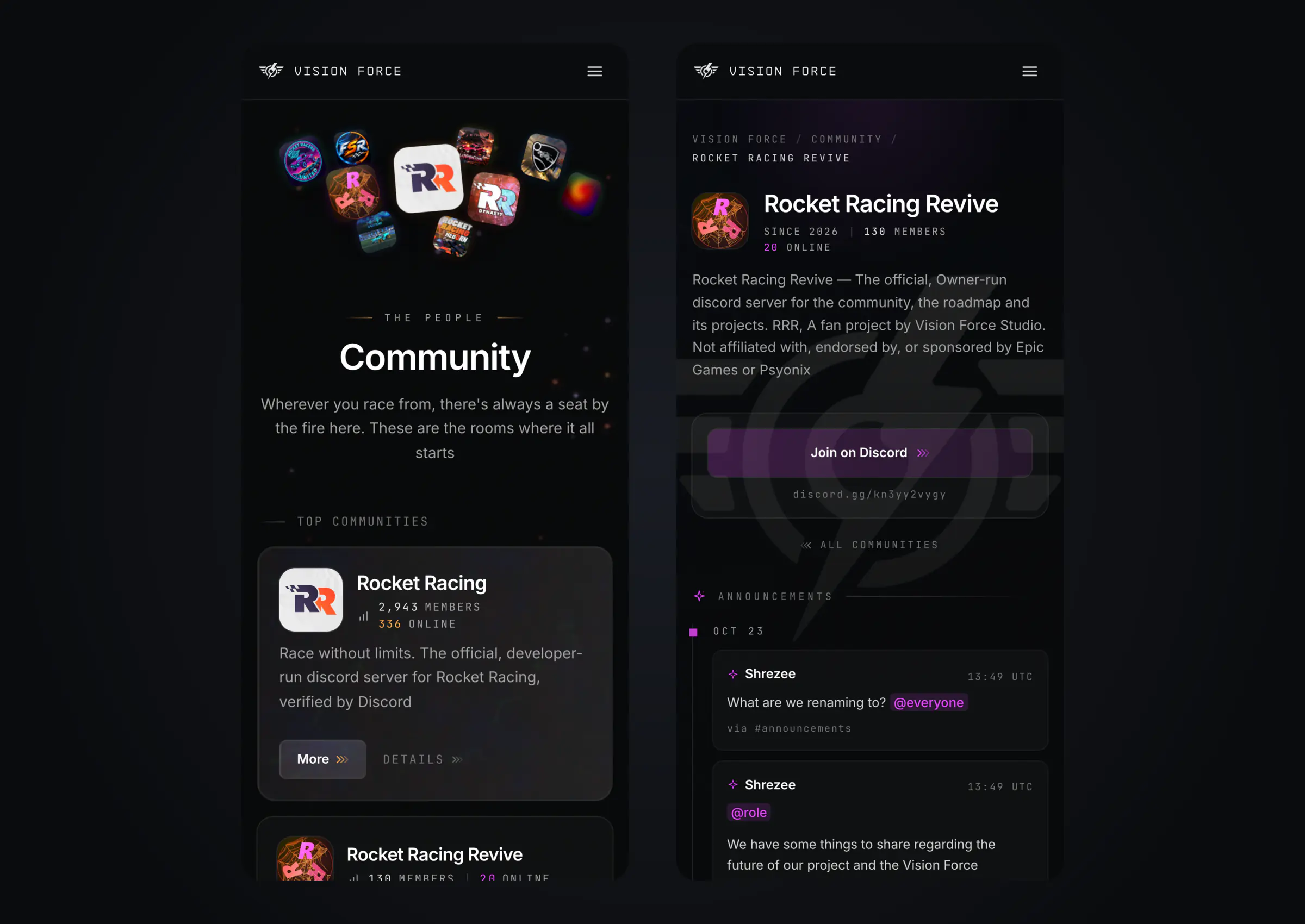 The community directory and a server page on a phone