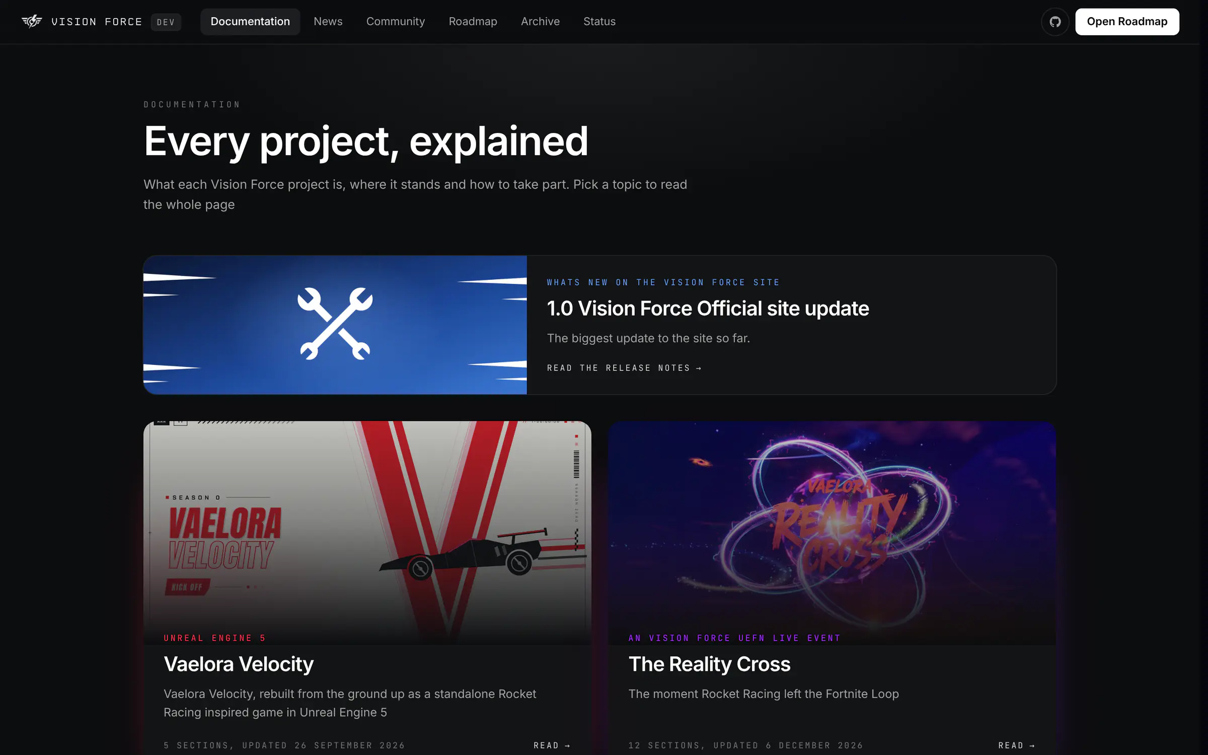 The documentation overview with every project and the latest release notes