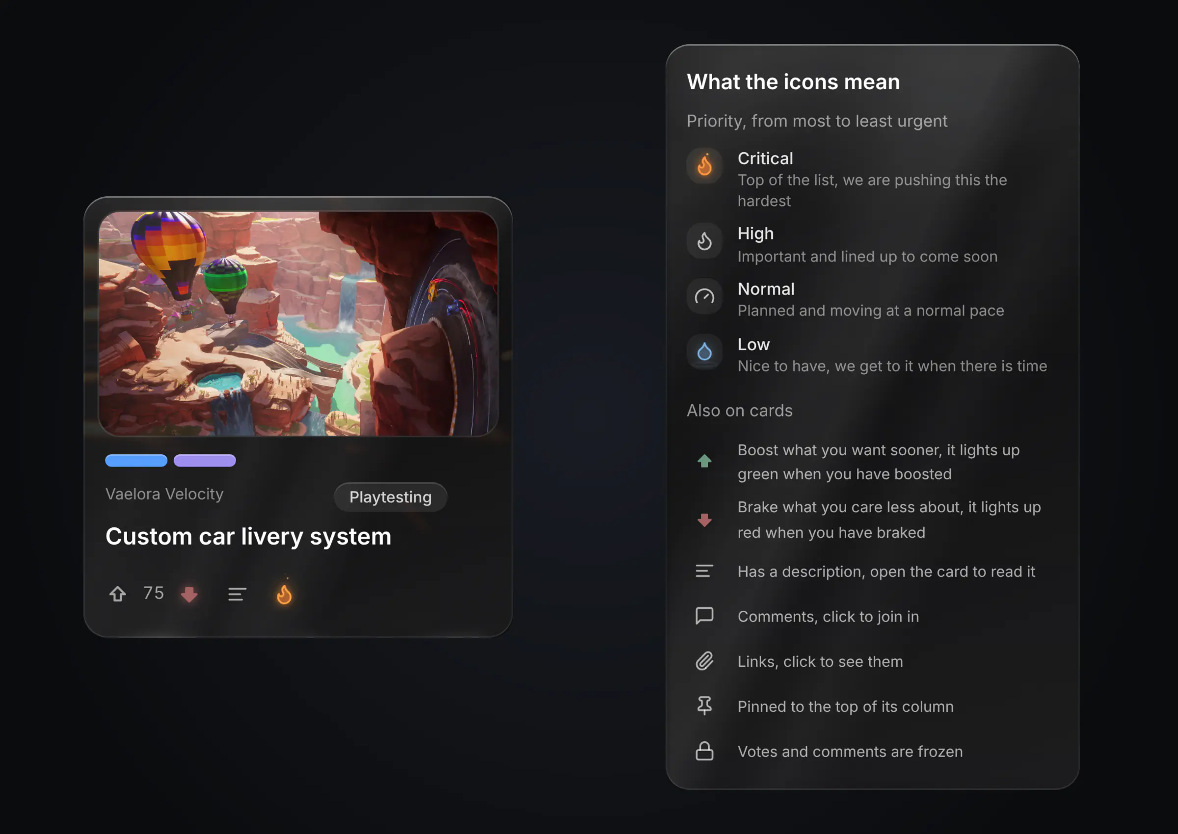 A card with the animated fire icon next to the guide that explains every priority icon