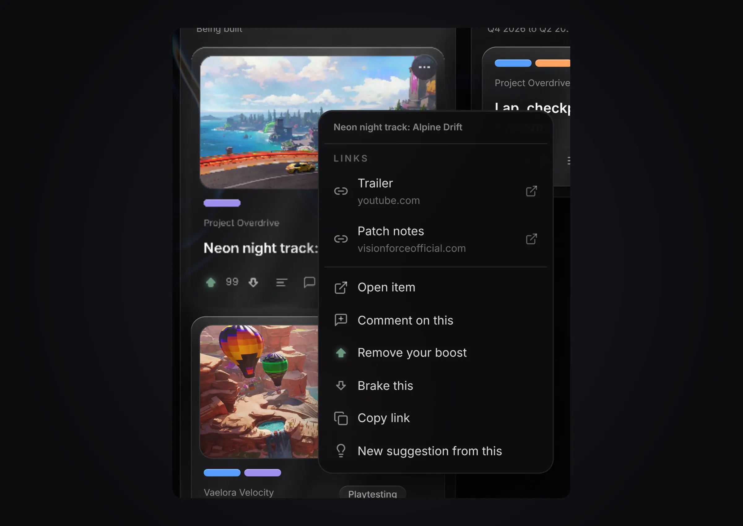 The right click menu on a card with its links, voting and sharing options