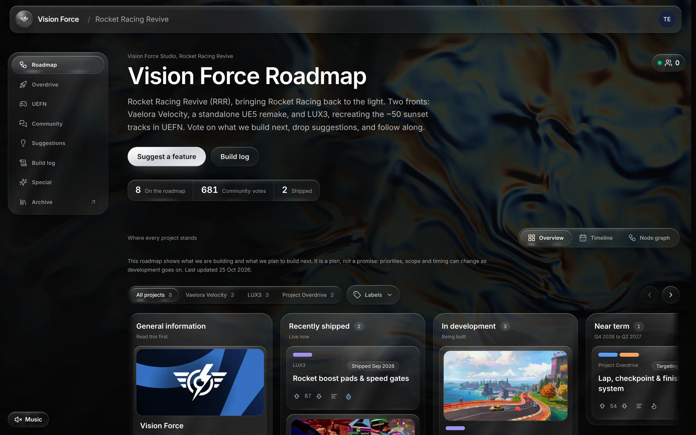 The new roadmap with the glass header, side menu and the Overview board