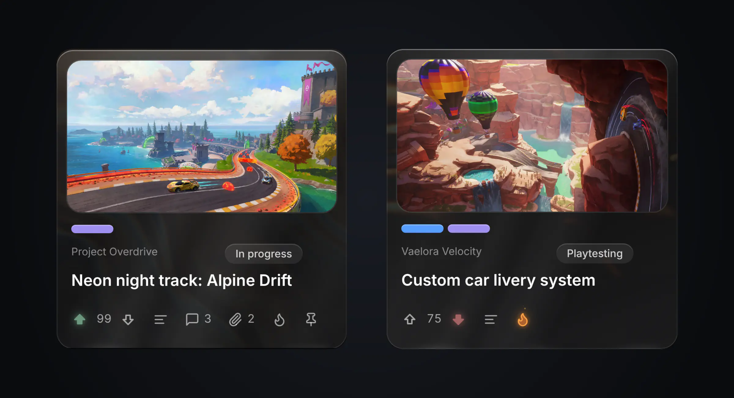 Two cards, one with a green boost arrow and one with a red brake arrow