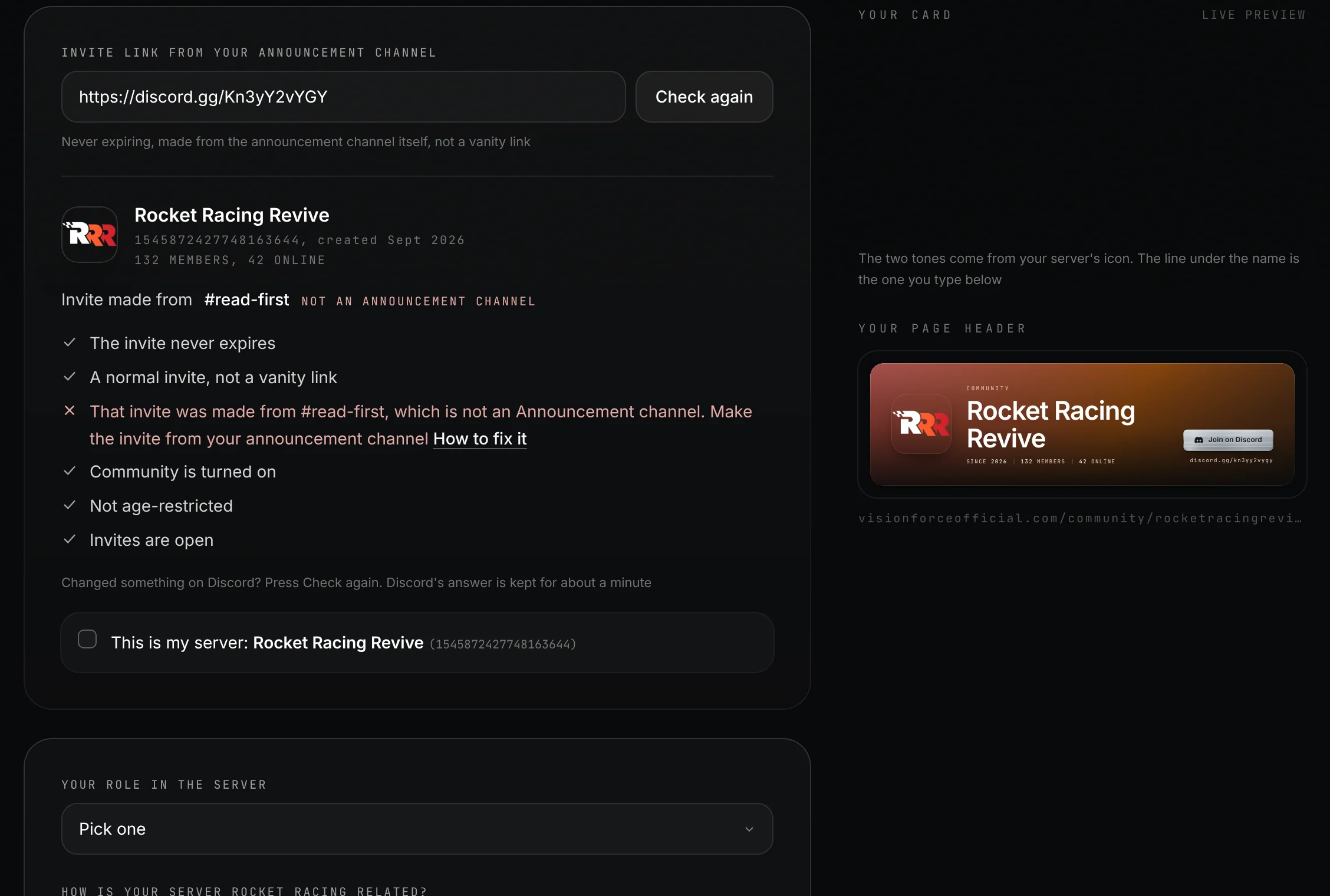 The application form checking a Rocket Racing Revive invite, with the live Your card preview next to it