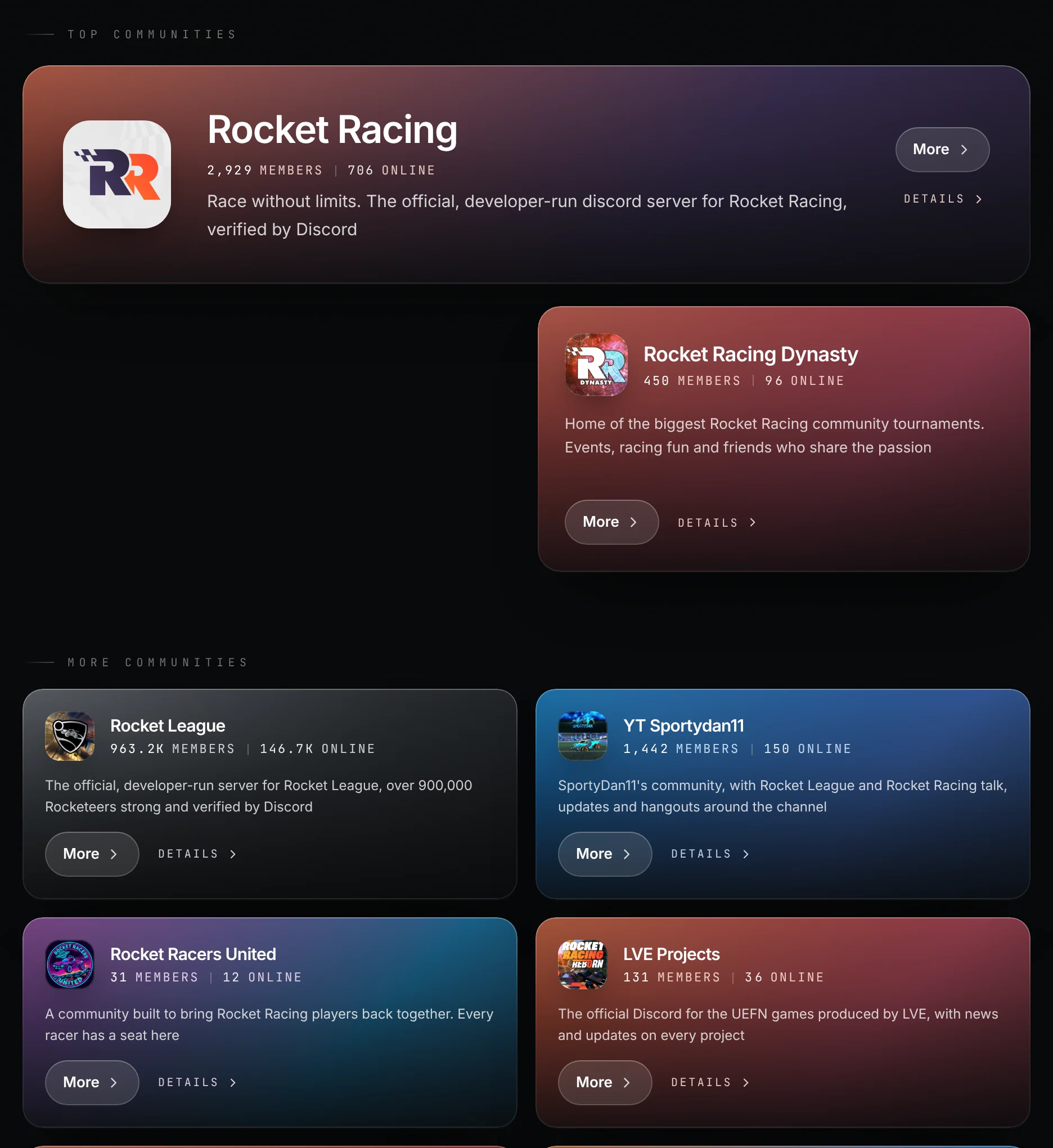 The community directory, every card coloured from its server's icon