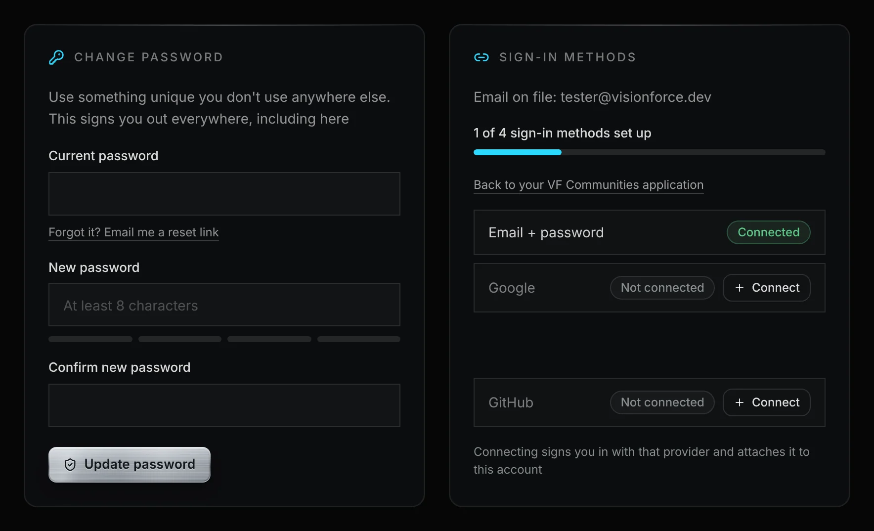 Account settings with the Discord row highlighted and a link back to the VF Communities application