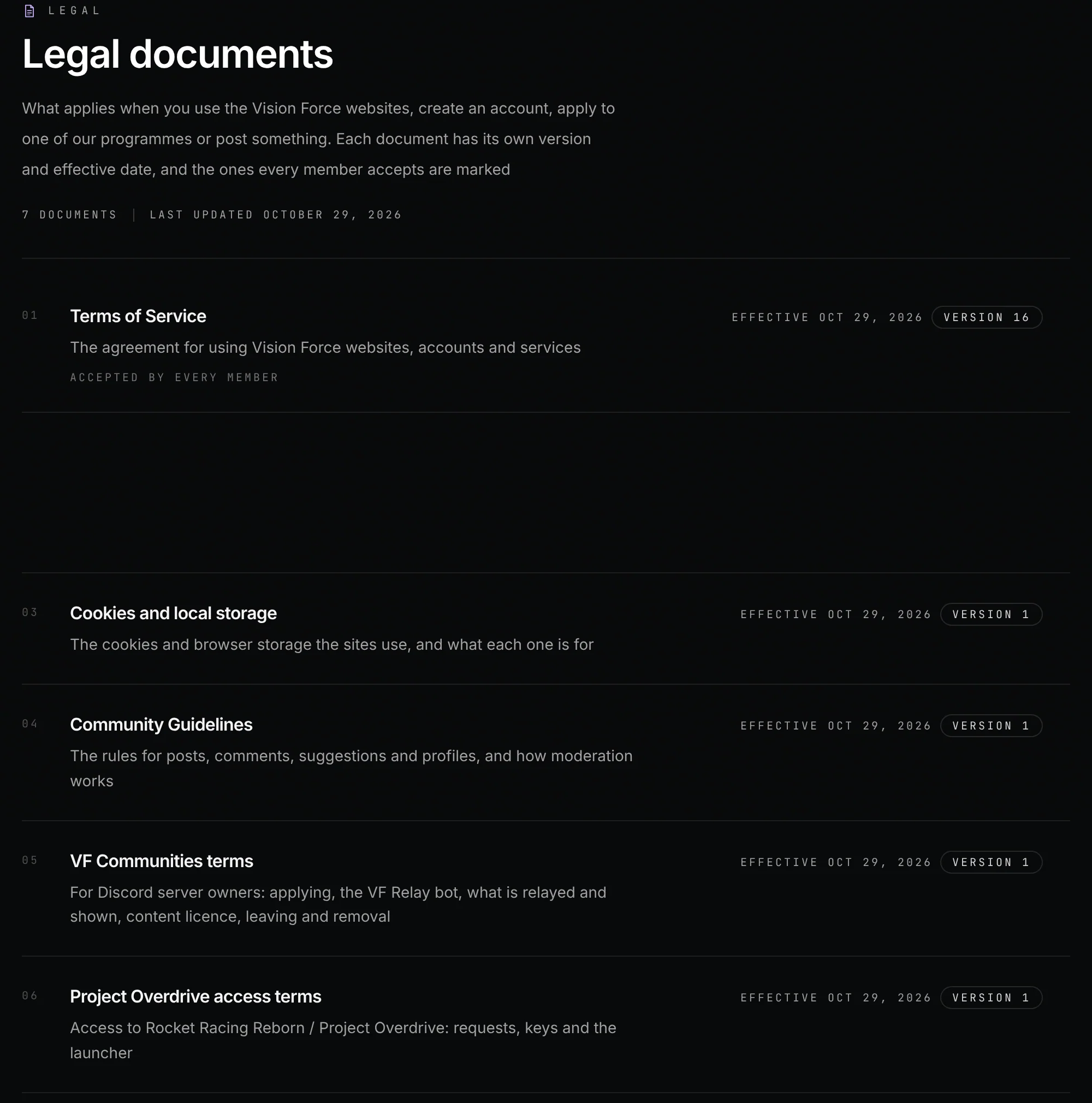 The legal page with all seven documents, each with its version and effective date