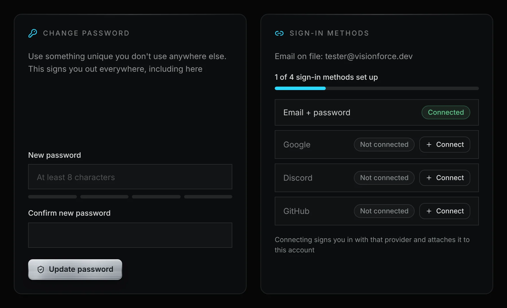 Change password in Settings with the Forgot it? Email me a reset link button