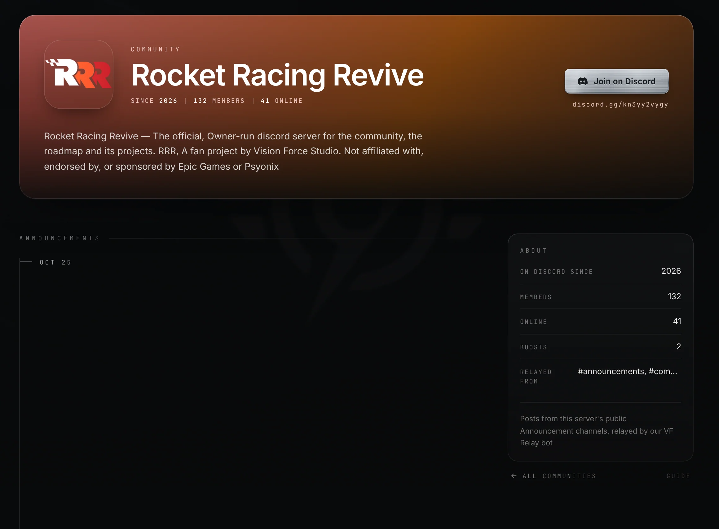 A server page with its two-tone header, a relayed announcement with an embed and a reaction, and the About panel